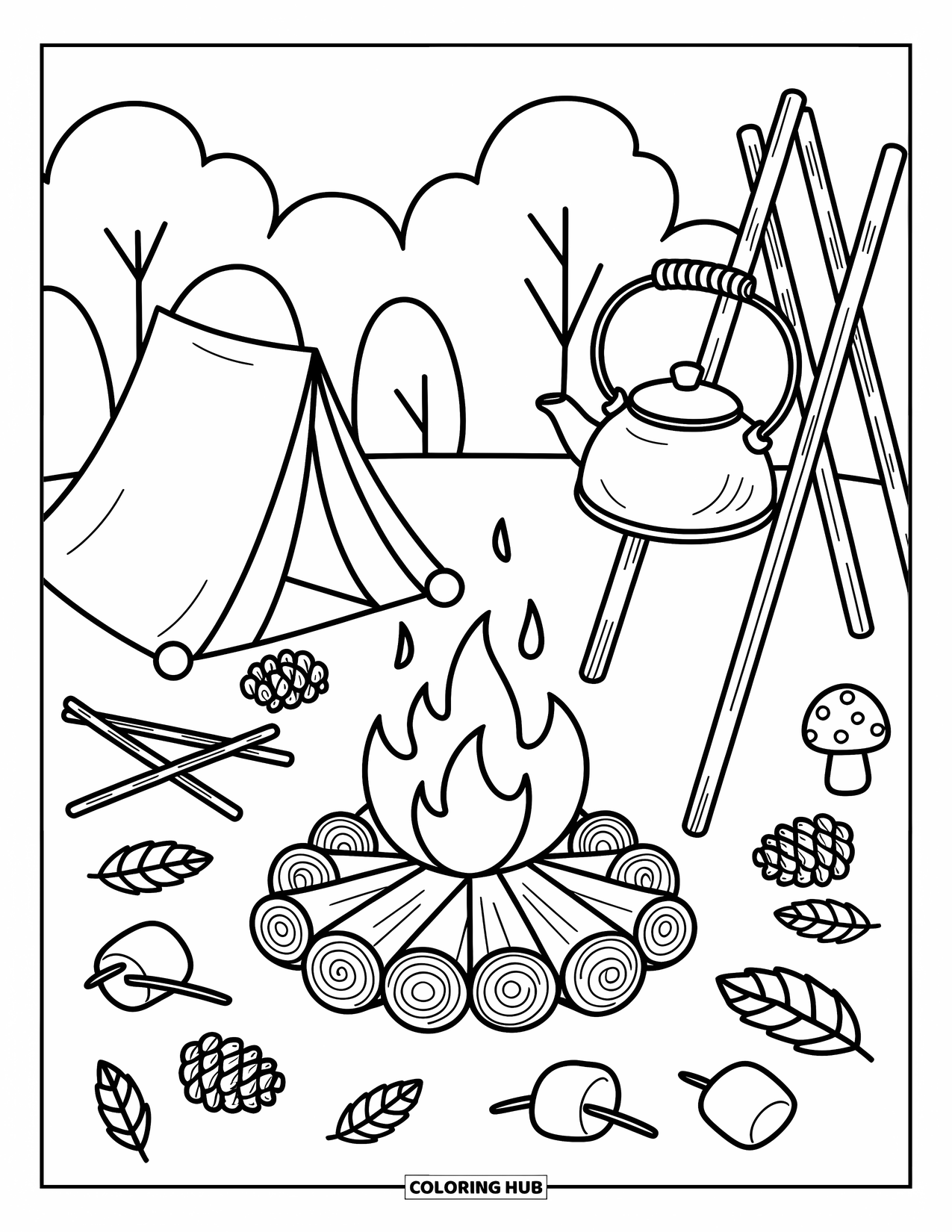 Fire Coloring Page for Adults: A cozy campfire with a tent, kettle, marshmallows, pinecones, and forest details