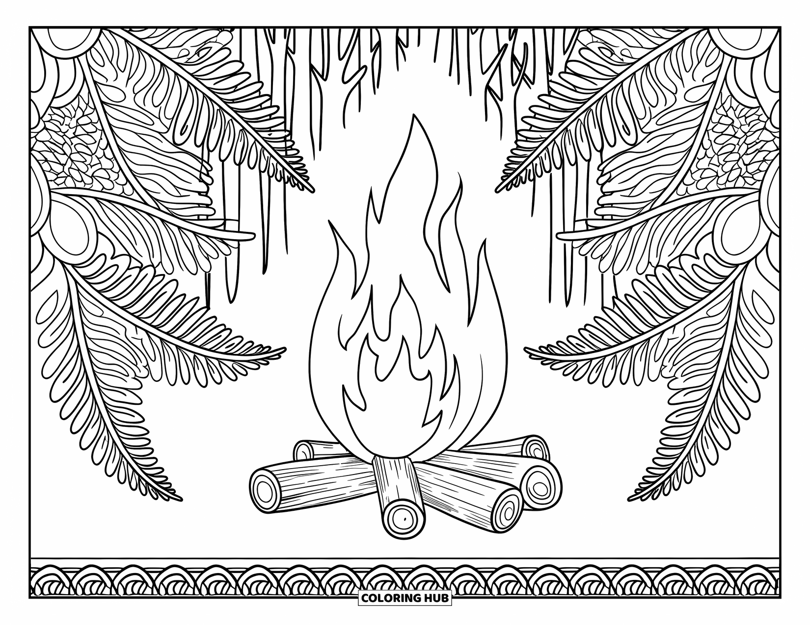 Fire Coloring Page for Adults: A cozy fire glows within fern mandalas beneath tall trees and a forest border