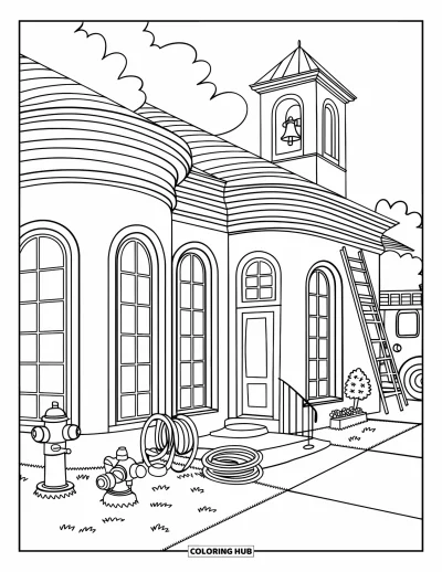 Coloriage de feu pour adultes : Une caserne de pompiers chaleureuse avec de grandes fenêtres, un tuyau, des fleurs et un camion garé à proximité