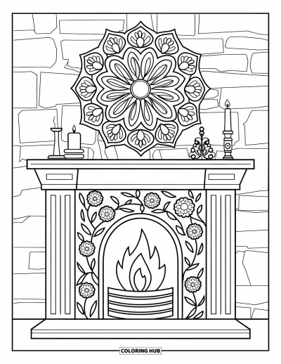 Coloriage de feu pour adultes : Une cheminée chaleureuse sous un mandala floral avec des bougies, un vase et un mur en pierre