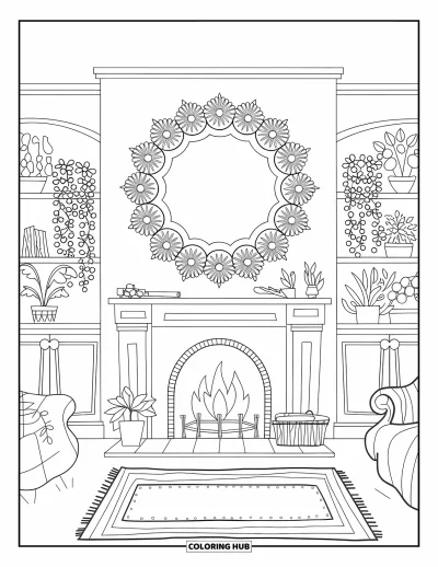 Coloriage de feu pour adultes : Une pièce chaleureuse avec une cheminée encadrée de mandalas floraux, des étagères et un tapis