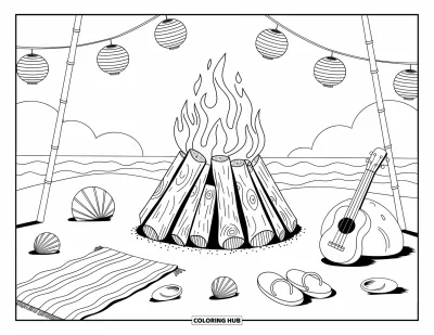 Coloriage de feu pour adultes : Un feu de bois flotté brille sur une plage de sable avec des coquillages, une serviette, un ukulélé et des lanternes
