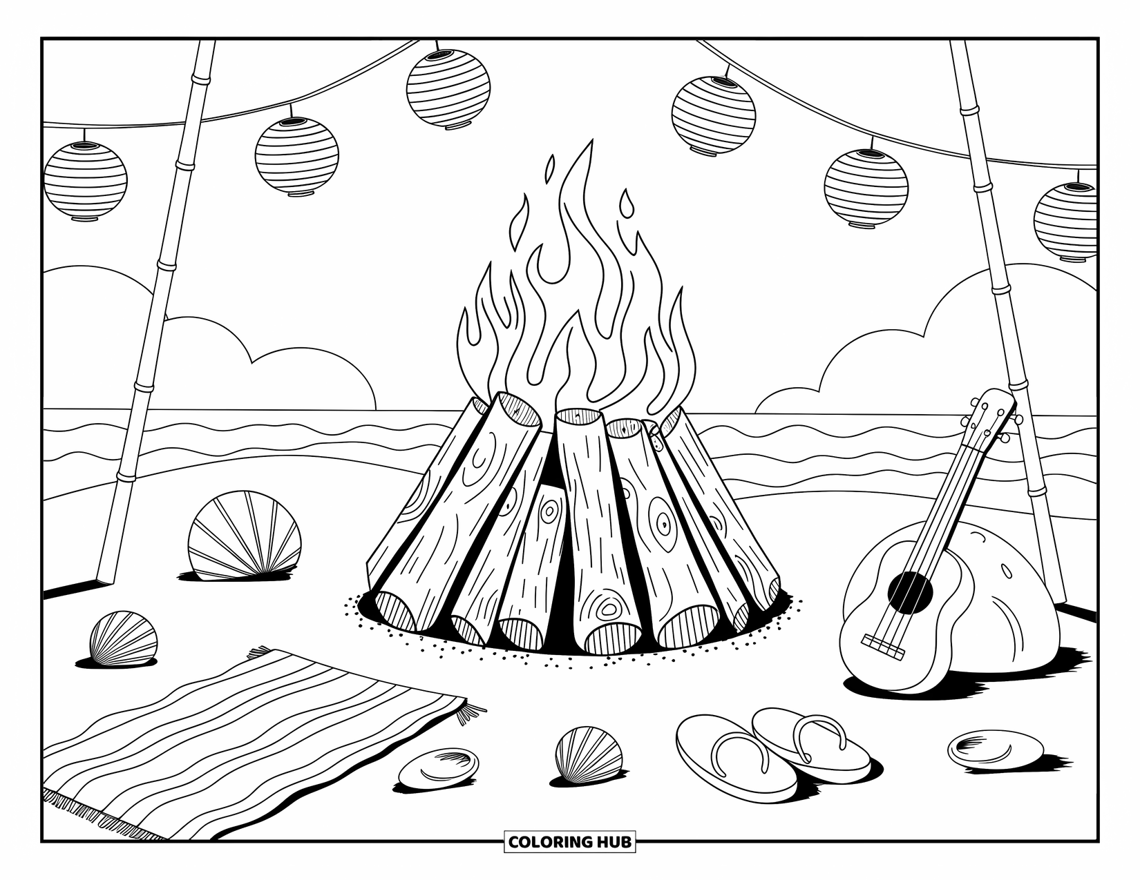 Fire Coloring Page for Adults: A driftwood bonfire glows on sandy beach with seashells, towel, ukulele, and lanterns