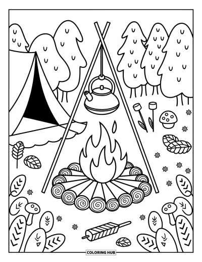 Coloriage de feu pour adultes : Un feu crépite sous une bouilloire, entouré de pommes de pin, de champignons et d'une tente
