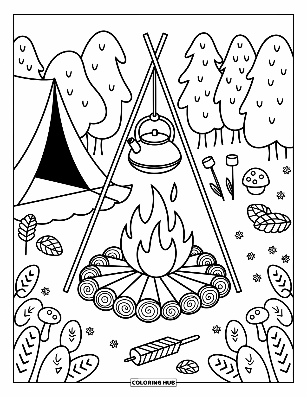 Fire Coloring Page for Adults: A fire crackles below a kettle, surrounded by pinecones, mushrooms, and a pitched tent