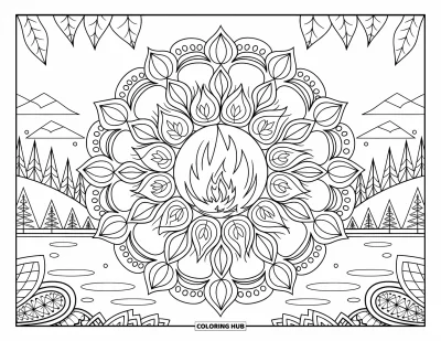 Coloriage de feu pour adultes : Un foyer flamboie au centre d'un mandala floral avec des paysages pittoresques
