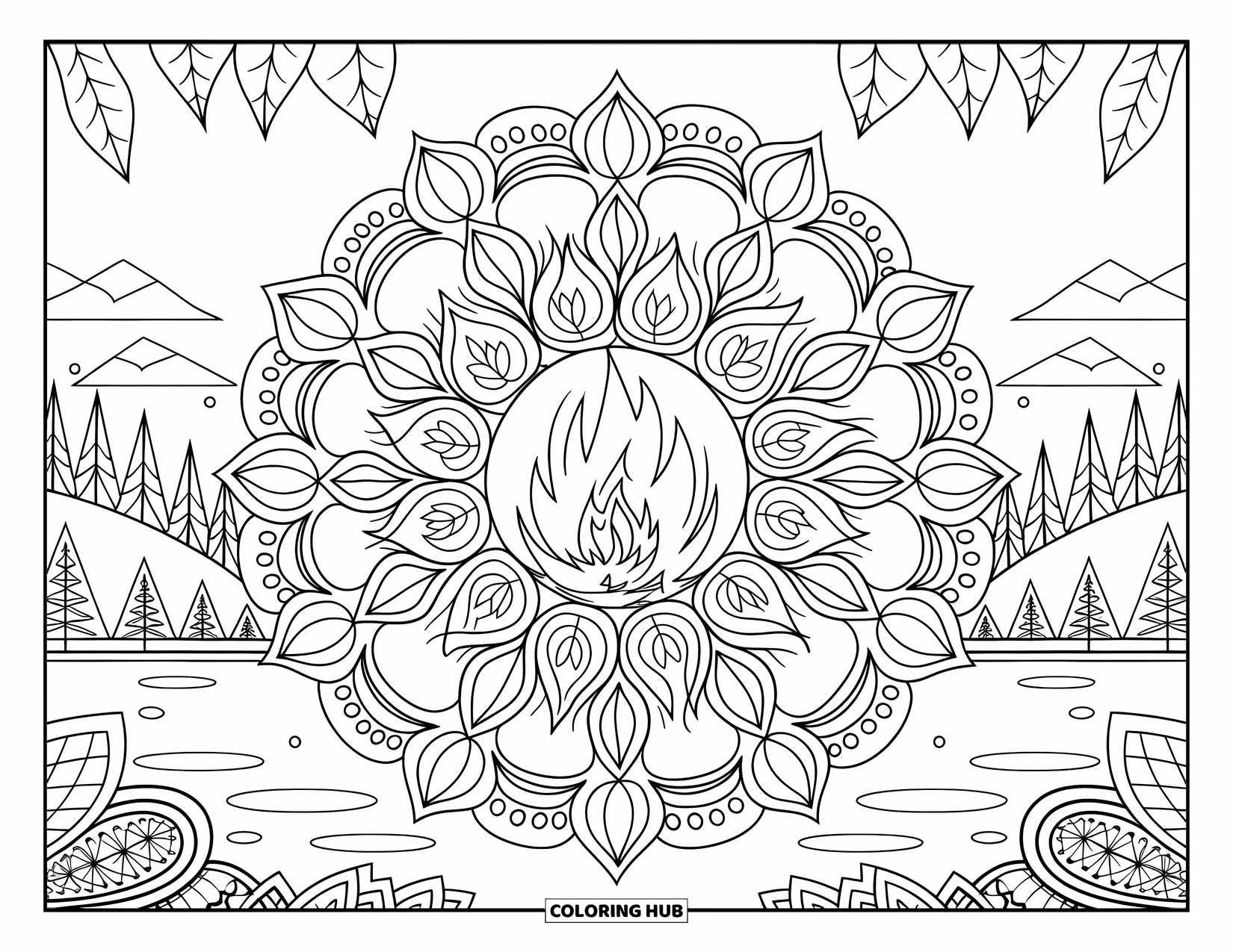 Fire Coloring Page for Adults: A fire pit blazes at the center of a flower mandala with scenic views