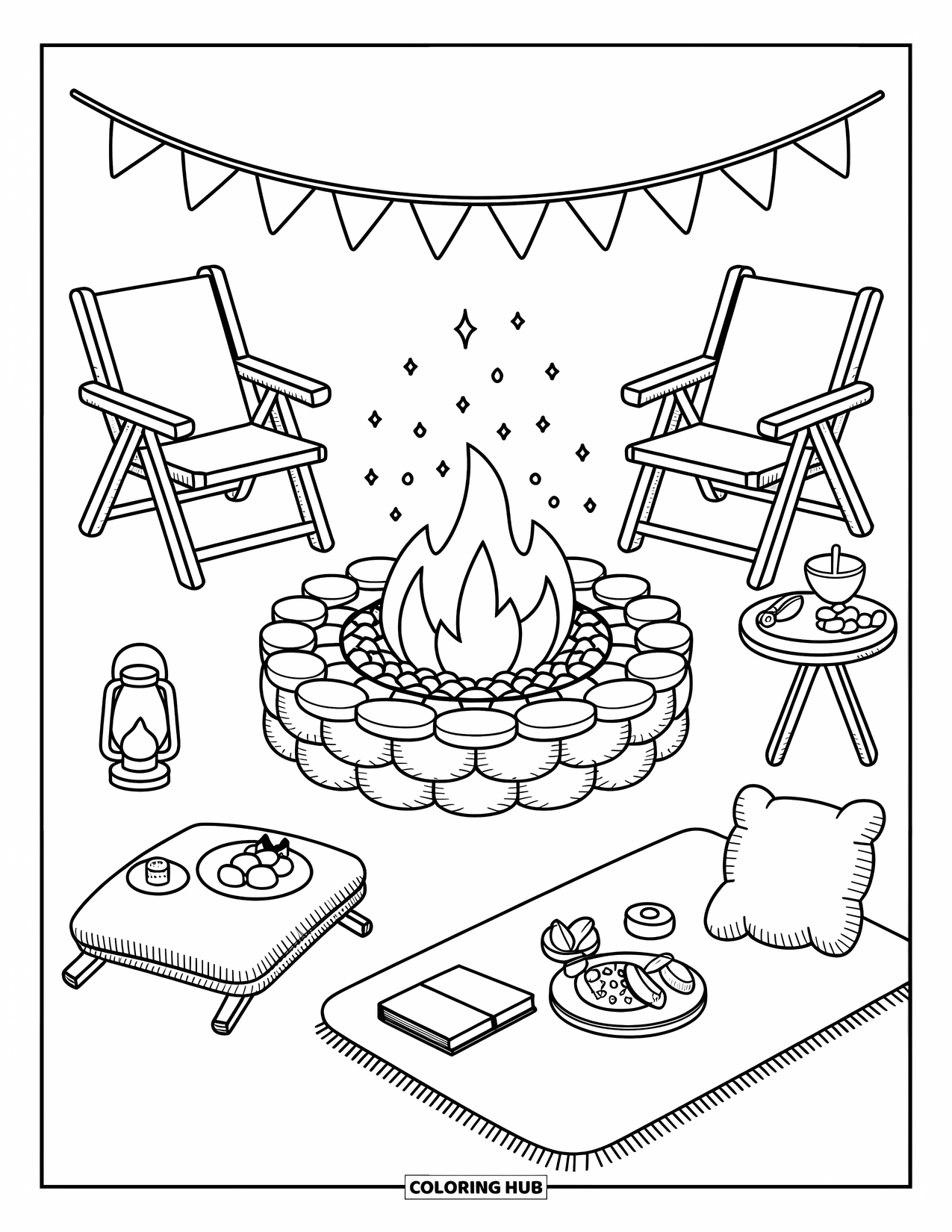 Fire Coloring Page for Adults: A fire pit glows with snacks, books, chairs, and lanterns under hanging bunting