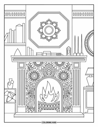 Coloriage de feu pour adultes : Une cheminée avec un manteau et des mandalas floraux repose sous de forts contours sur fond blanc