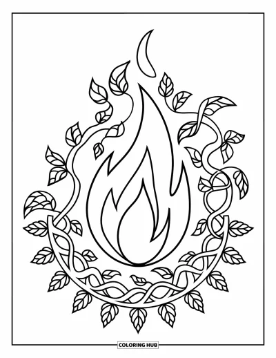 Coloriage de feu pour adultes : Une flamme aux reflets vifs brille à l'intérieur d'un mandala fleuri et fluide sur fond blanc