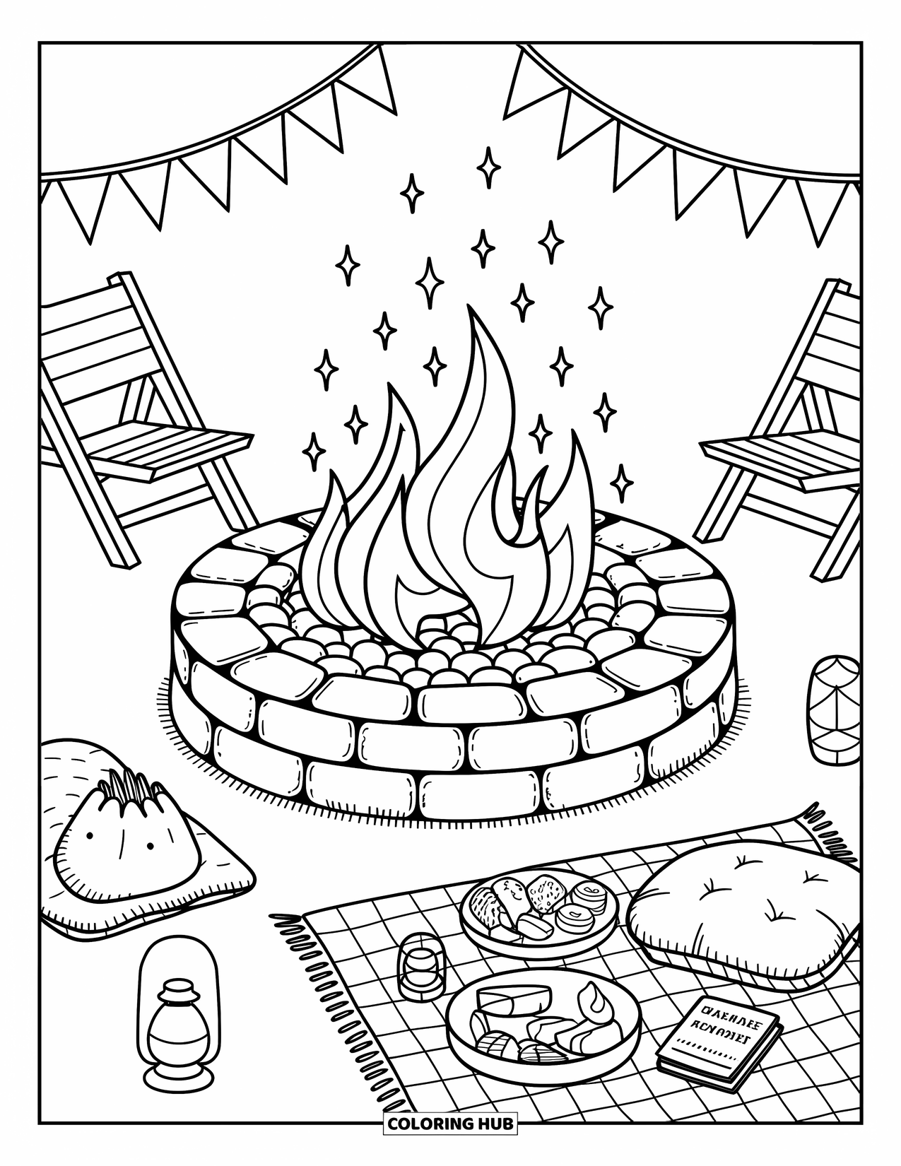 Fire Coloring Page for Adults: A glowing fire pit, pillows, snacks, and bunting invite a cozy outdoor gathering