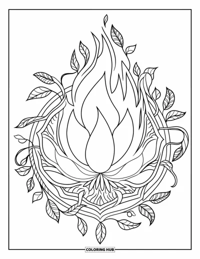 Coloriage de feu pour adultes : Une grande flamme en forme de lotus repose à l'intérieur d'un mandala de feuilles et de lianes