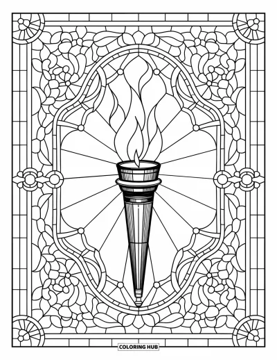 Coloriage de feu pour adultes : Une torche allumée repose dans un vitrail fleuri encadré de bordures géométriques décoratives