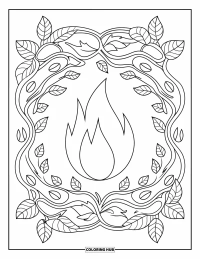 Coloriage de feu pour adultes : Une flamme unique est entourée d'un mandala de feuilles, de lianes et de courbes expressives