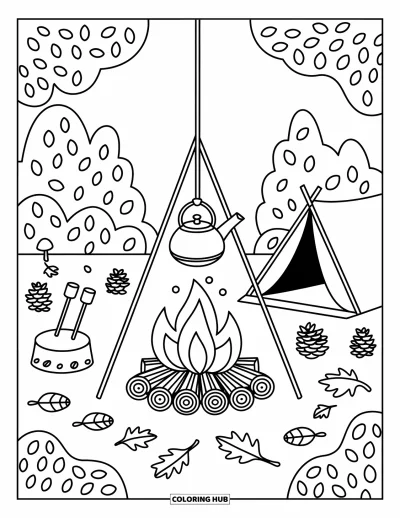 Coloriage de feu pour adultes : Un petit feu avec une tente, des guimauves, une bouilloire et de délicieux détails forestiers tout autour