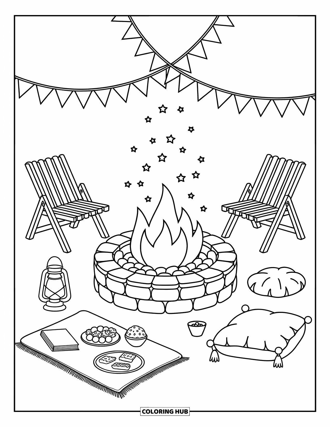 Fire Coloring Page for Adults: A stone fire pit surrounded by snacks, cozy blanket, lantern, and foldable chairs