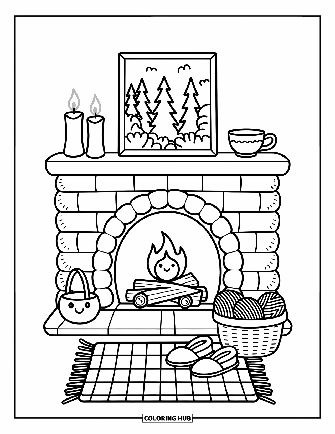 Fire Coloring Page for Adults: A stone fireplace with slippers, yarn basket, and cozy tea on a checkered rug
