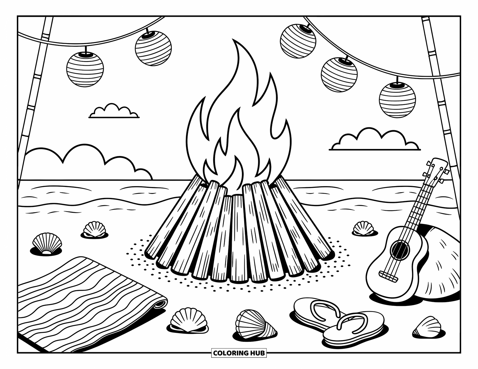 Fire Coloring Page for Adults: A warm bonfire glows by a towel, ukulele, and hanging beach lanterns