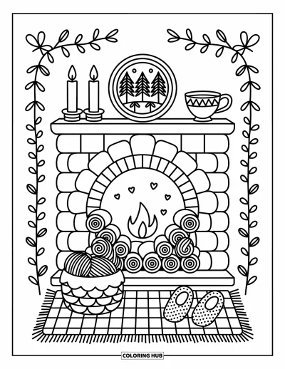 Coloriage de feu pour adultes : Une cheminée chaleureuse brille sous un tableau, des bougies, des chaussons et un panier de laine moelleux