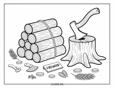 Coloriage de feu pour adultes : Des bûches animées, une souche et des outils ludiques entourent un tas de bois de chauffage accueillant