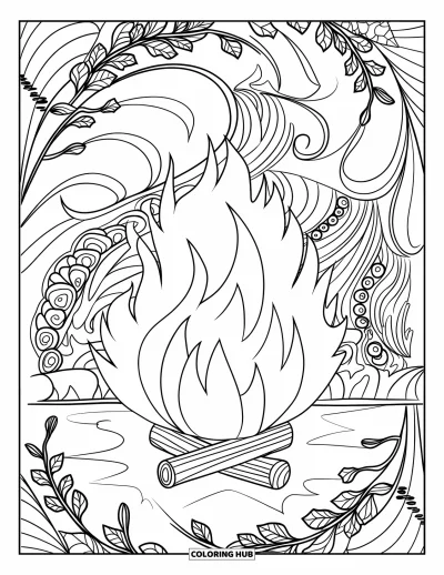 Coloriage de feu pour adultes : Des flammes détaillées s'élèvent dans un feu de camp encadré d'élégants motifs botaniques tourbillonnants