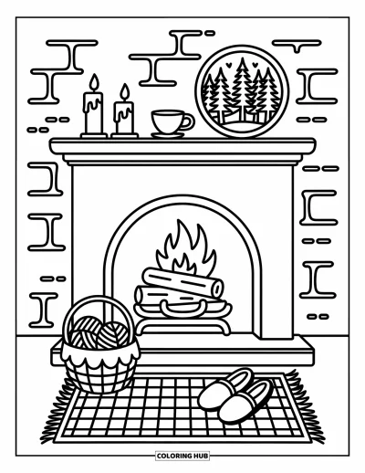 Coloriage de feu pour adultes : Des bûches crépitent dans une cheminée avec du thé, une décoration chaleureuse et un tapis