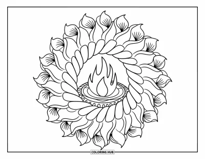 Coloriage de feu pour adultes : Des pétales en spirale entourent un foyer avec des flammes tourbillonnantes et une bordure florale