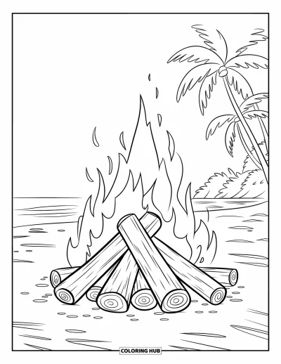 Coloriage de feu pour enfants : Un grand feu de plage flamboie près de bûches, de l'océan et de palmiers sous un ciel nocturne