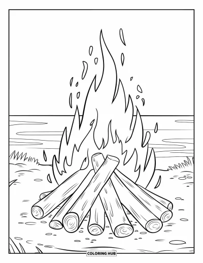 Coloriage de feu pour enfants : Un feu de plage brûle près des vagues de l'océan sous un ciel nocturne serein