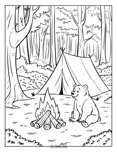 Coloriage de feu pour enfants : Un ours est assis près d'un feu de camp chaleureux à côté d'une tente dans la forêt
