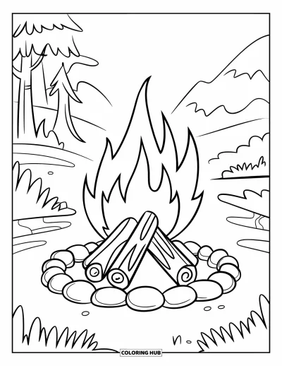 Coloriage de feu pour enfants : Un grand feu de camp brille près d'arbres et de montagnes, entouré de rochers