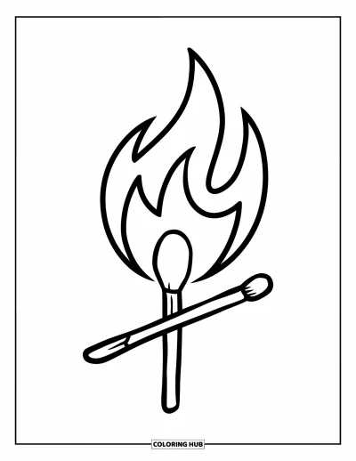 Coloriage de feu pour enfants : Une allumette enflammée vacille doucement avec une flamme douce en trois parties