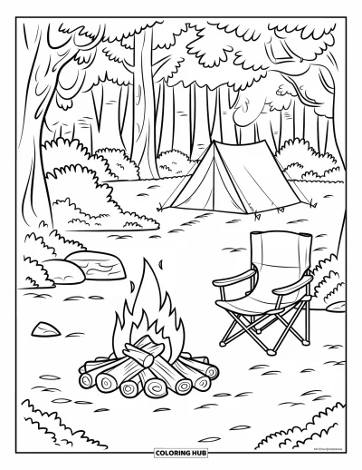 Coloriage de feu pour enfants : Un feu de camp brille près d'une tente, de bûches et de pierres éparpillées dans les bois