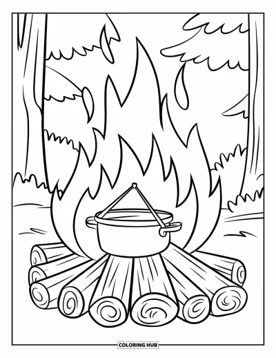 Coloriage de feu pour enfants : Un feu de camp avec de grosses bûches et une marmite suspendue au-dessus des flammes