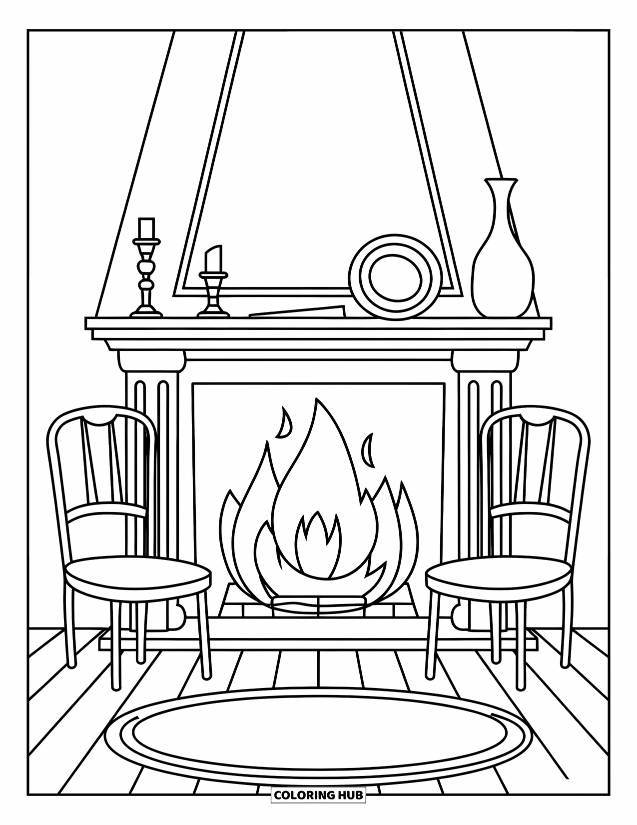 Fire Coloring Page for Kids: A candle, vase, and chairs sit near a glowing fireplace and cozy rug