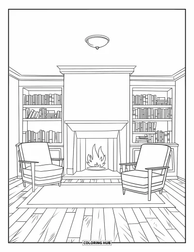 Coloriage de feu pour enfants : Un salon chaleureux avec une cheminée, des fauteuils, des bibliothèques et un parquet en bois