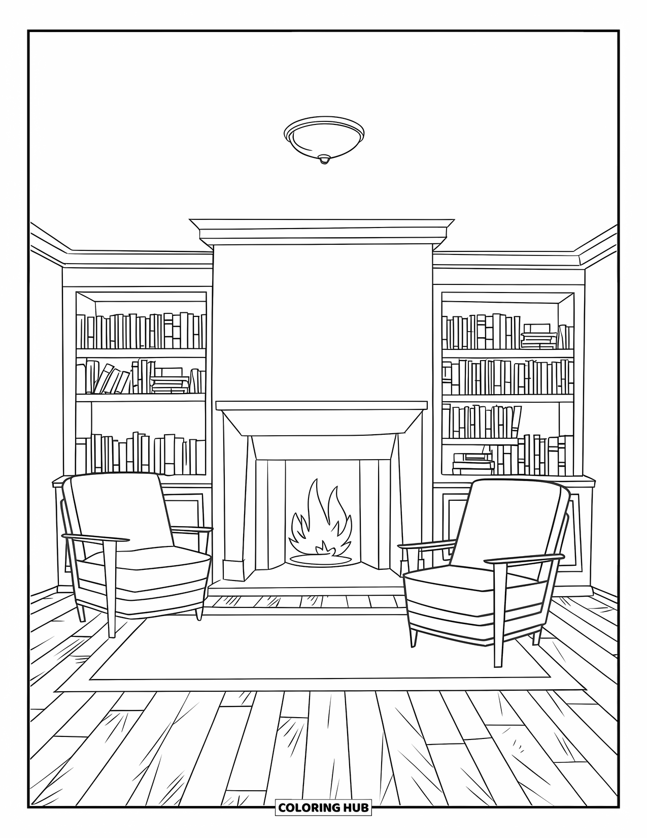 Fire Coloring Page for Kids: A cozy living room has a fireplace, chairs, bookshelves, and a wood floor