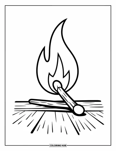 Coloriage de feu pour enfants : Une flamme incurvée s'élève au-dessus d'une allumette posée sur une surface en bois