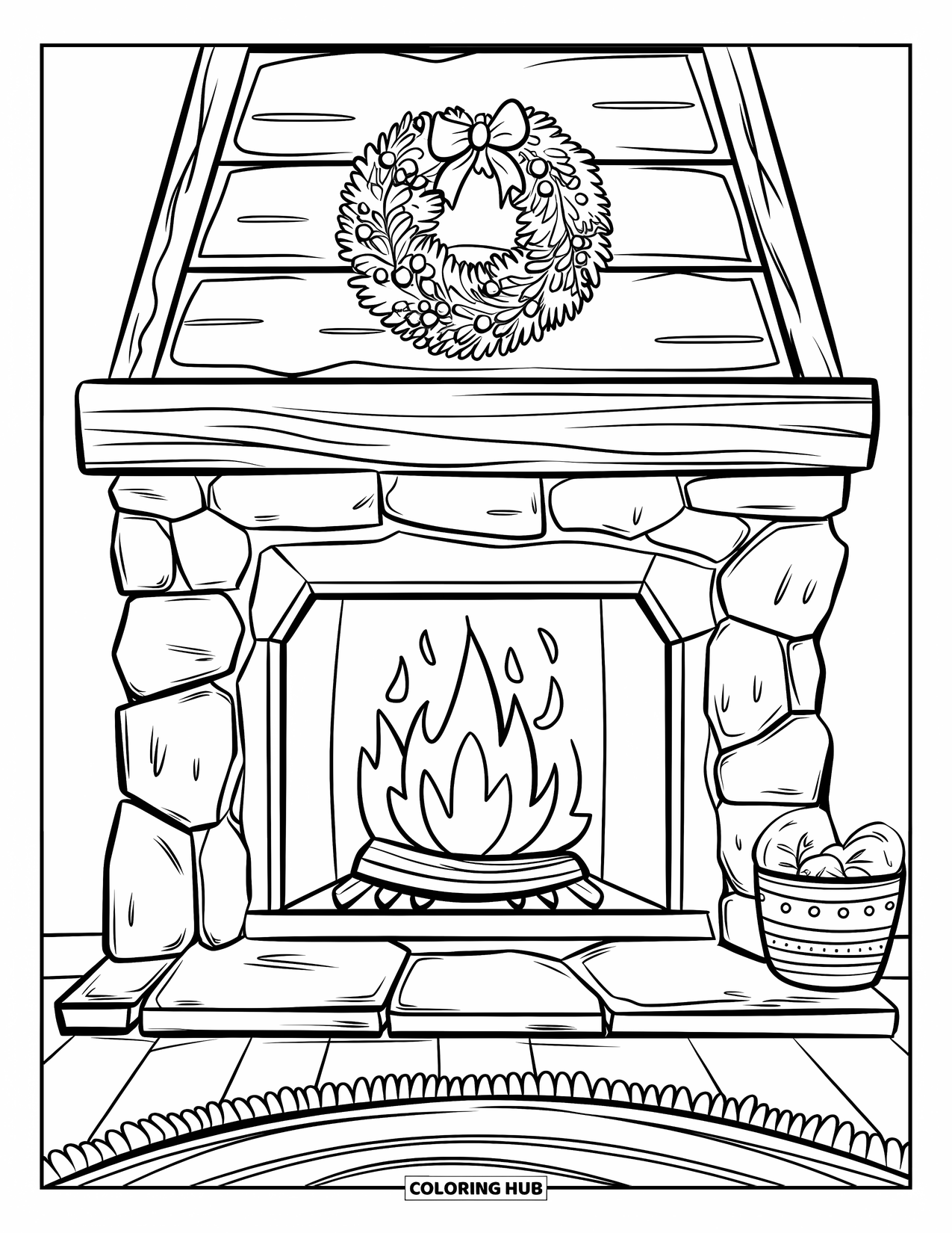 Fire Coloring Page for Kids: A festive fireplace with a wreath and rug warms the rustic room