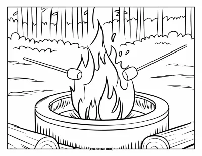 Coloriage de feu pour enfants : Un feu brûle dans une fosse forestière avec des guimauves et des bûches tout autour