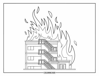 Coloriage de feu pour enfants : Une échelle de secours est posée près d'un bâtiment en feu avec des flammes et de la fumée qui tourbillonne