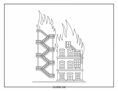 Coloriage de feu pour enfants : Un plan d'évacuation incendie est affiché près d'un immeuble en feu avec fumée et flammes