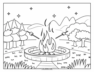 Coloriage de feu pour enfants : Un foyer avec des guimauves brille sous les étoiles et les montagnes