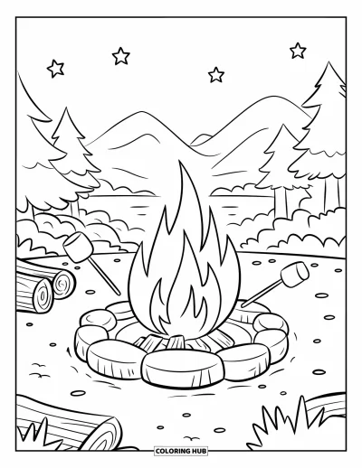 Coloriage de feu pour enfants : Un foyer avec des guimauves brille sous les étoiles dans un cercle de forêt