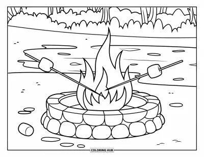 Coloriage de feu pour enfants : Un foyer avec des guimauves est posé près de l'eau, d'arbres et d'un ciel paisible
