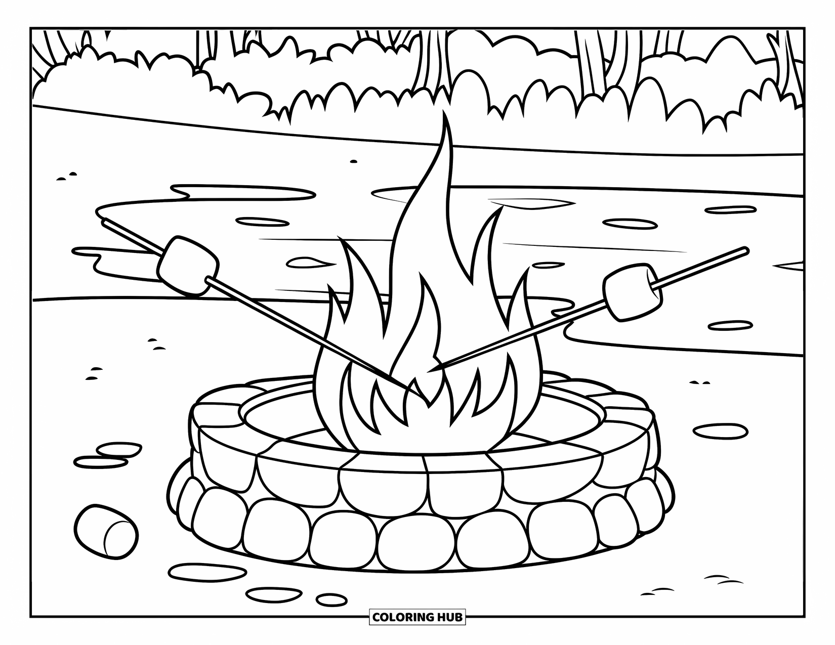 Fire Coloring Page for Kids: A fire pit with marshmallows sits near water, trees, and peaceful skies