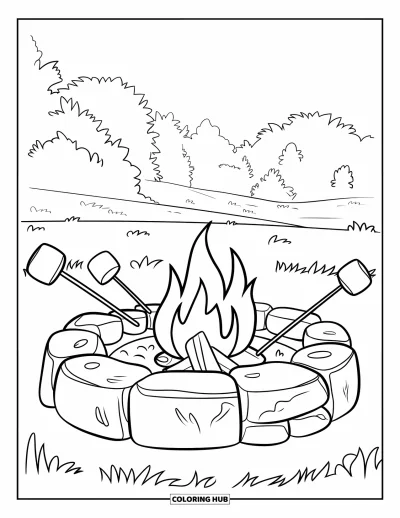 Coloriage de feu pour enfants : Un foyer avec des pierres et des guimauves brille dans un champ verdoyant