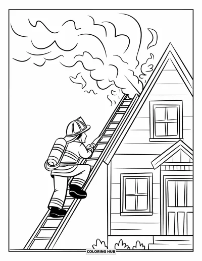 Coloriage de feu pour enfants : Un pompier grimpe une échelle vers la fumée d'une maison dans un environnement dégagé