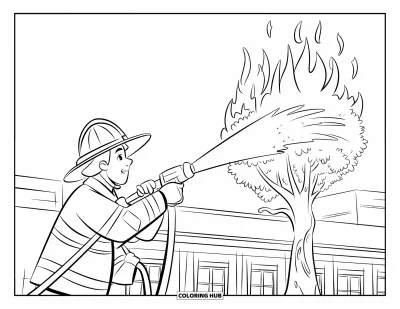 Coloriage de feu pour enfants : Un pompier arrose les flammes d'un arbre en feu près d'un bâtiment