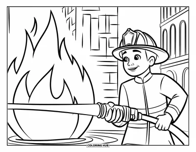 Coloriage de feu pour enfants : Un pompier tient un tuyau près de hautes flammes dans une scène urbaine